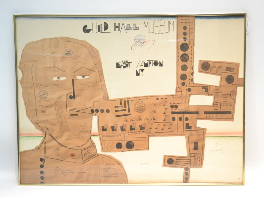SAUL STEINBERG (1914-1999) GUILD HALL MUSEUM: EAST HAMPTON NY , 1969 , HAND SIGNED LITHOGRAPH - No. 16/1000 - 40 1/2' x 20 1/2" OVERALL