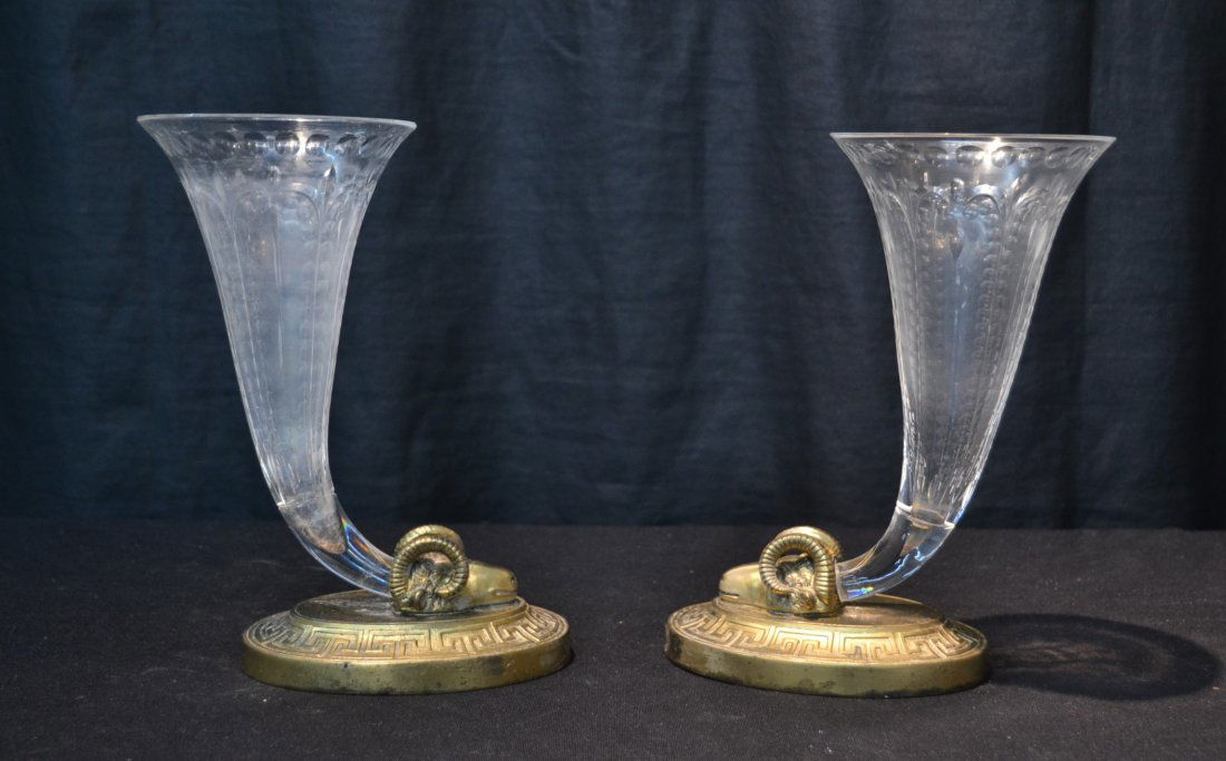 (Pr) BRONZE & GLASS EPERGNES WITH RAM HEADS: & GRECIAN KEY DESIGNS WITH FLEUR DE LES MARK ON BASE (SMALL FLAKE OFF RIM) 7 1/2' x 9"