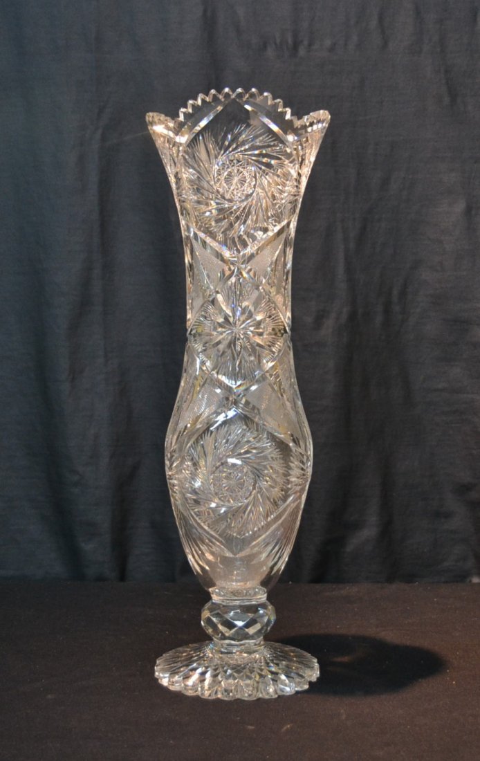 LARGE ANTIQUE CUT GLASS CORSETT VASE: 6" x 20 1/2" (CHIP UNDERNEATH BASE)