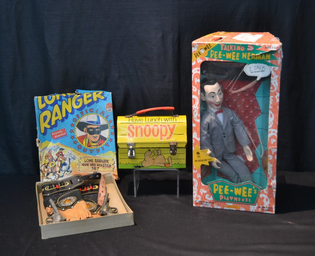 MATCH BOX PEE WEE HERMAN TALKING DOLL IN: ORIGINAL BOX - 18" TALL , LONE RANGER OFFICAL OUTFIT IN ORIGINAL BOX BY ESQUIRE NOVELTY COMPANY & 1968 SNOOPY THERMOS LUNCH BOX