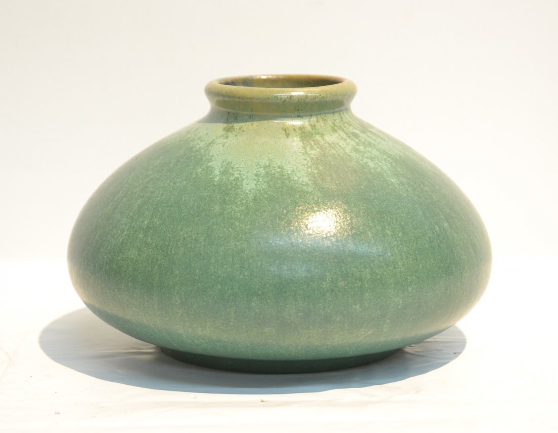 GREEN FULPER POTTERY VASE - 9" x 6": GREEN FULPER POTTERY VASE - 9" x 6"