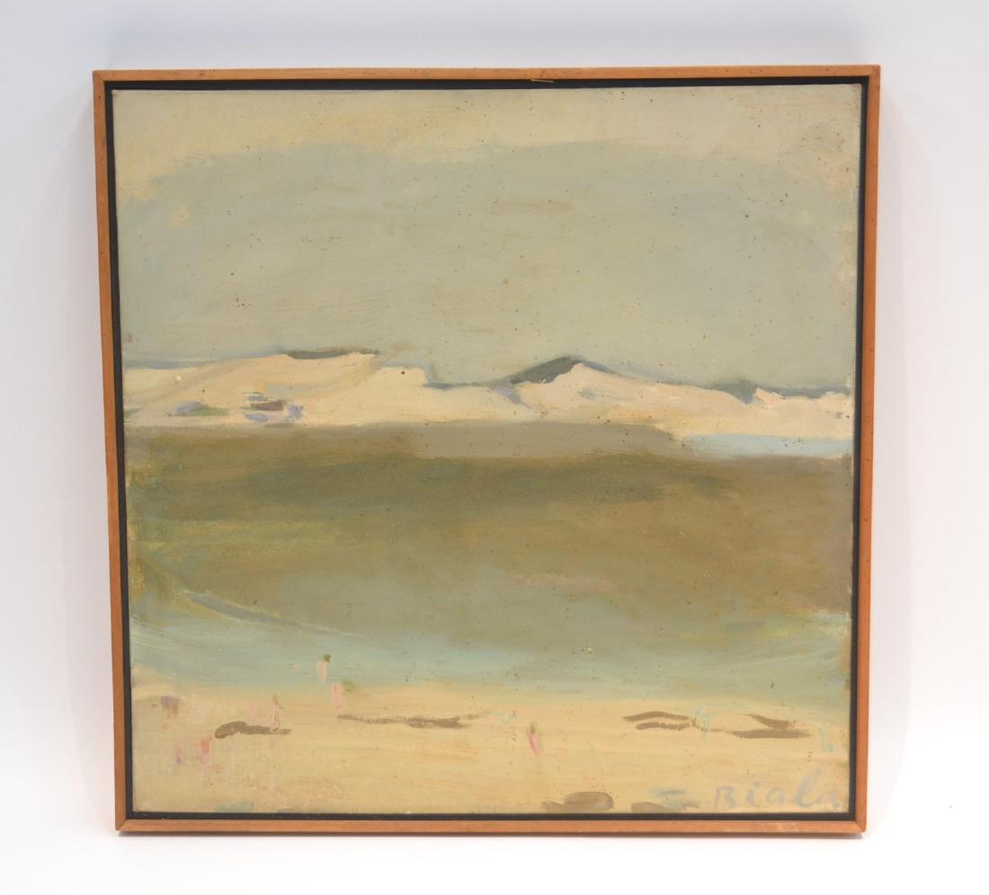 JANICE BIALA , (POLISH / AMERICAN, 1903-2000): OIL ON CANVAS BEACH SCENE WITH FIGURES ; TICKET MARKED TABLEU / PARIS - , SIGNED LOWER RIGHT BIALA - 23" x 23" , 25" x 25"