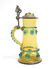 GLASS & PEWTER EWER WITH RAISED DECORATIONS