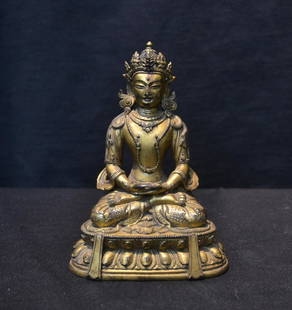 FINE GILT BRONZE SEATED BUDDHA ON LOTUS: THRONE - 5" x 3 1/4" x 6 1/2'