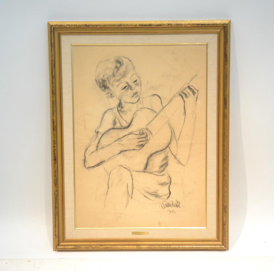 NICHOLAS VASILIEFF (RUSSIAN/AMERICAN ARTIST ,: 1892-1970) DRAWING OF BOY WITH GUITAR ; SIGNED LOWER RIGHT - 31" x 40" OVERALL