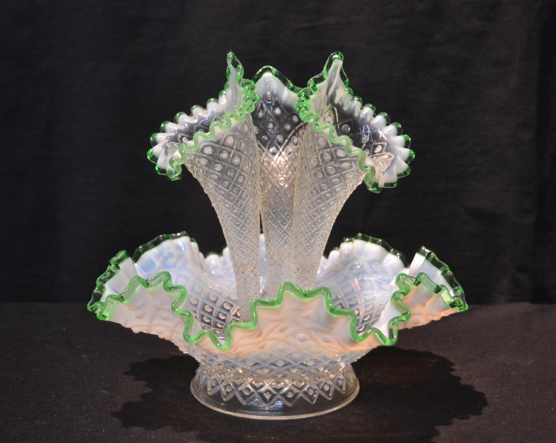 OPALESCENT GLASS EPERGNE WITH (3) FLUTES: & GREEN TRIM - 12" x 12"