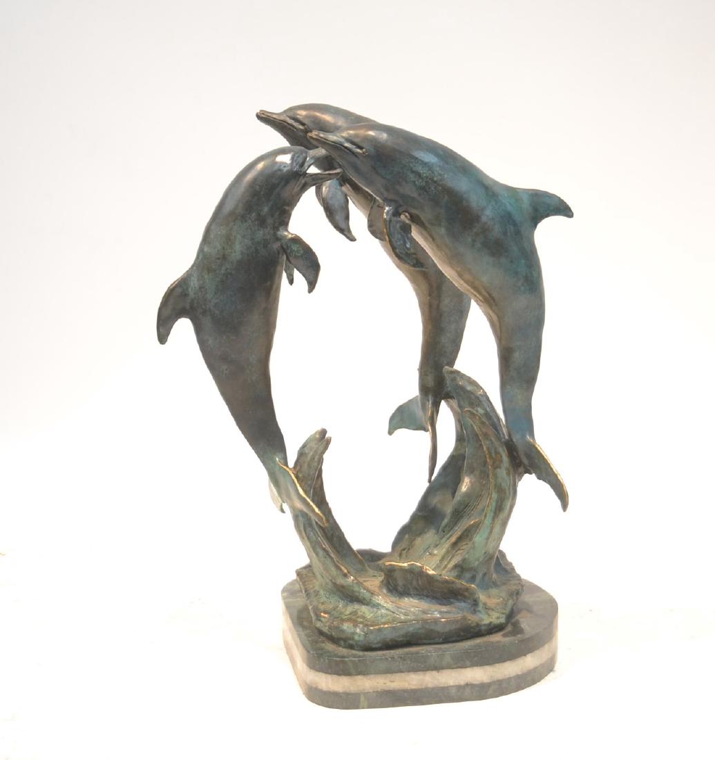 LARGE BRONZE SCULPTURE OF (3) DOLPHINS: JUMPING OUT OF WATER ; SIGNED MACK , 95' (ATTRIBUTED TO BILL MACK) ON MARBLE BASE - 20" x 12" x 25"