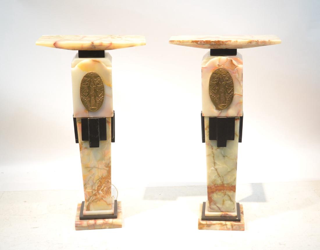 (Pr) 2-TONE ART DECO MARBLE & ONYX PEDESTAL: WITH BRONZE CHIPARUS MEDALLIONS OF NUDE DANCERS ; ILLUMINATED- SECTIONAL -9" x 21" x 40"