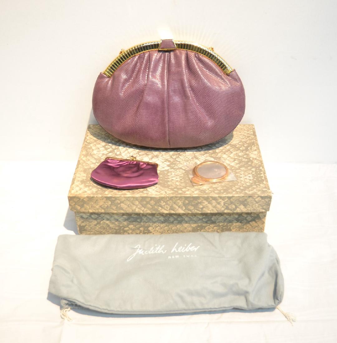 JUDITH LEIBER LILAC KARUNG SKIN HAND BAG WITH: MIRROR , SMALL PURSE, ORIGINAL BOX & DUST COVER - 11" x 8" (LIKE NEW CONDITION)