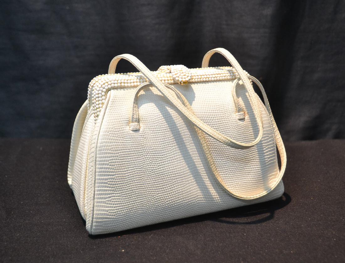 VINTAGE JUDITH LEIBER LEATHER BAG WITH BEADS ,: SMALL PURSE & MIRROR - (LIKE NEW CONDITION) 7" x 3 1/2" x 5"