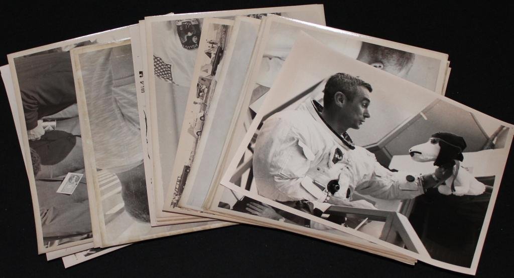 Group of 24 Mostly Apollo 11 Press Release Photos: A group of 24 8"x 10" mostly Apollo 11 NASA press release photos, a bit less quality than the regular NASA photos. Most with taped captions on the back and in very fine shape.