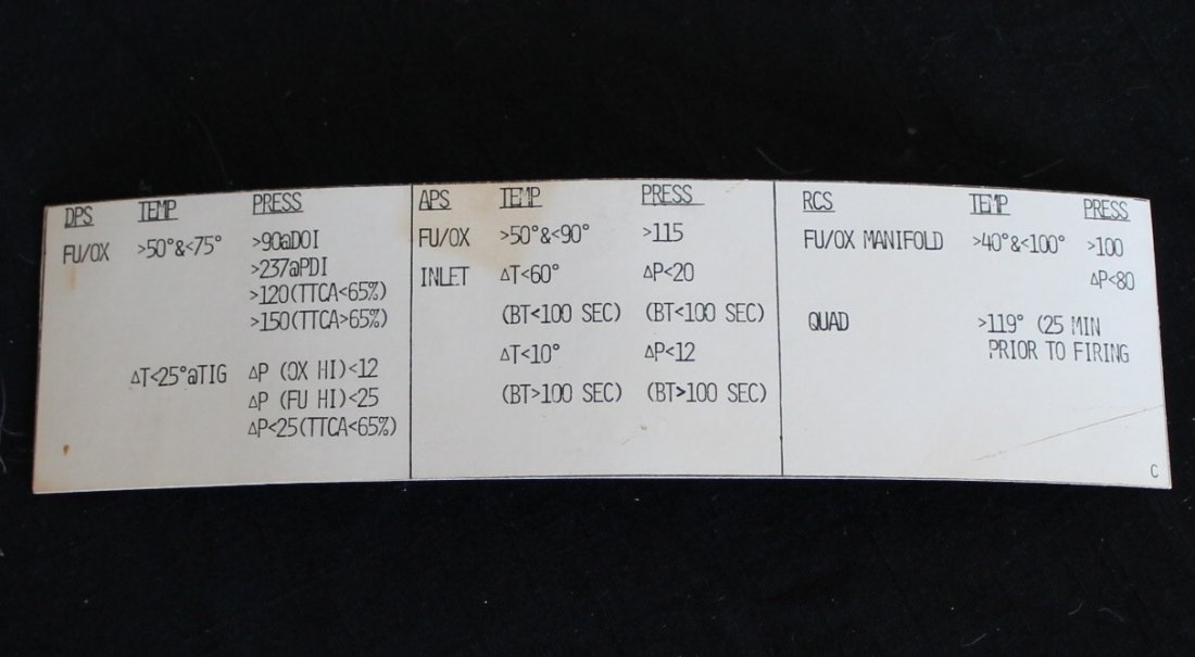 Apollo 11 Lunar Module Training Cue Card, DPS/APS/RCS: A vintage Apollo 11 DPS / RCS / APS heavy stock cue card used by the Apollo 11 crew in training at the Lunar Module Simulator (LMS) at KSC. It measures 2.5"x 9" and has velcro on the back for attachin