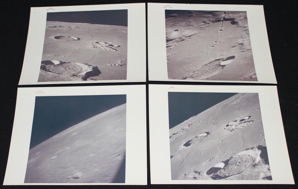 Four Apollo 12 NASA Numbered Glossy Photos: Four 8"x 10" NASA color glossy photos, on heavy paper stock and with red NASA numbers in the margins, of the lunar surface as seen from the Apollo 12 spacecraft. None with captions on the backs but st