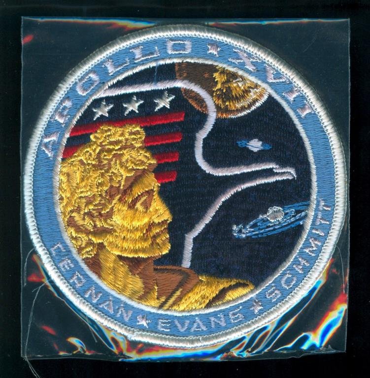 Vintage Apollo 17 "White Eagle" Mission Patch: A vintage 4" diameter Apollo 17 patch of the 'white eagle' variety, meaning the outline of the eagle is white. Bare cloth backing. Complete in its original AB Emblems packaging.