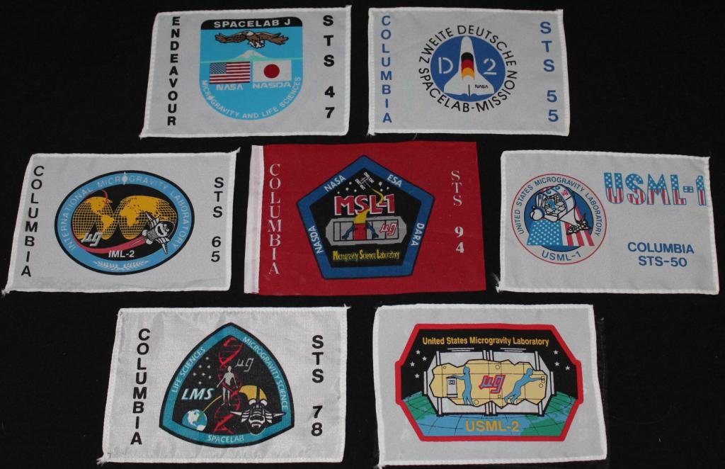 Seven Orbiter & Payload Flags: Group of seven 4"x 6" orbiter and payload flags, and as far as I know, all are unflown.