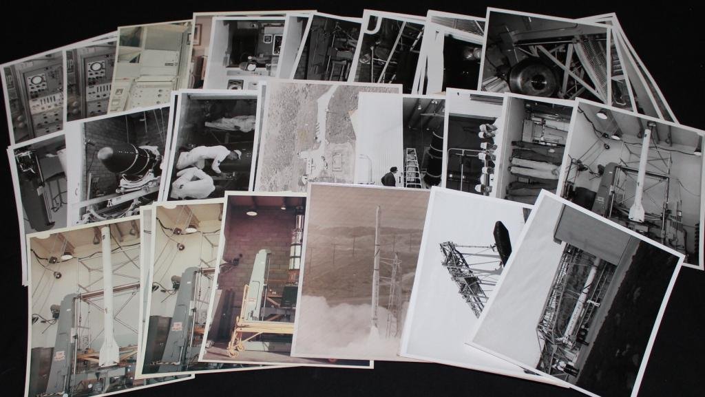 Group of 52 Early Scout Rocket Glossy Photos: Large group of 51 vintage 8"x 10" glossy photos of the Scout rocket program from the early 1960s. About half with captions on the backs. Some edge and corner flaws scattered about, but mostly great sh