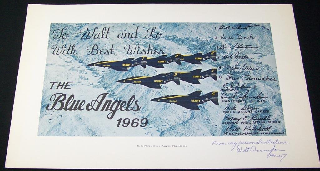 Walt Cunningham's Signed 1969 Blue Angels Print: Apollo 7 astronaut Walt Cunningham's 11"x 17" Blue Angels print from 1969 presented to Cunningham by the pilots. Printed pilot signatures. Signed at the bottom by Cunningham and in nice condition.