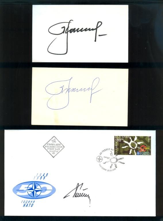 Leonov and Titov Signatures: Three items signed by Russian cosmonauts including two 3"x 5" cards signed by Leonov, one lined on back, and a cover signed by Titov. Great condition.