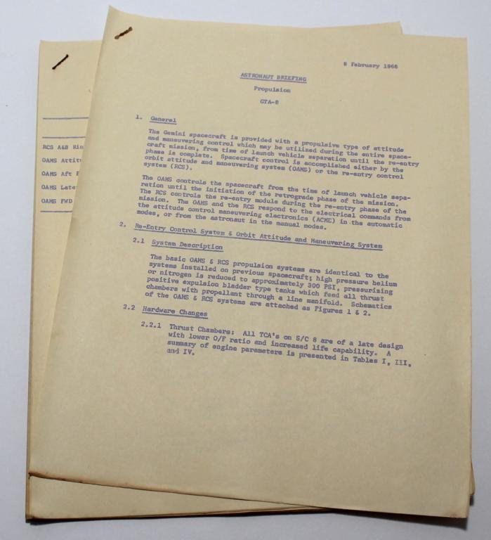 Gemini 8 Propulsion Astronaut Briefing Booklet: A vintage booklet for the Gemini 8 crew of Armstrong and Scott, "Astronaut Briefing - Propulsion" dated 8 Feb 1966 with 15 pages of information and foldouts. The top page has separated from the staple