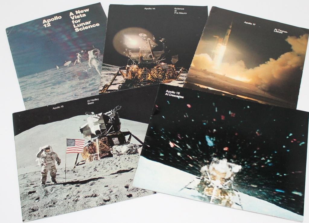 Five Apollo Mission Color NASA Booklets: Five different vintage 9"x 12" booklets from NASA full of color photos and information from the individual missions. Present are booklets for Apollo 12, 14, 15, 16 and 17. Some handling dings about wi