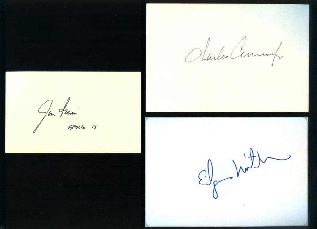 Three Moonwalker Signatures on Cards: Three moonwalker signatures including Charles Conrad (4"x 6" card), Jim Irwin (3"x 5" card) and Edgar Mitchell (4"x 6" sticker with the backing still present). All in excellent condition.
