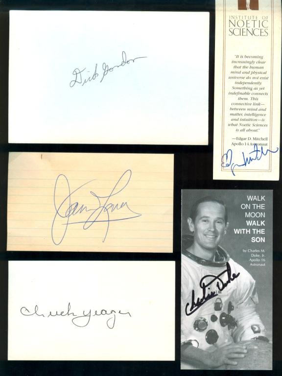 Four Astronaut Signatures Plus Yeager: Five items signed by Apollo astronauts and Chuck Yeager. Astronauts present are Gordon, Duke, Lovell and Mitchell. All in great shape.