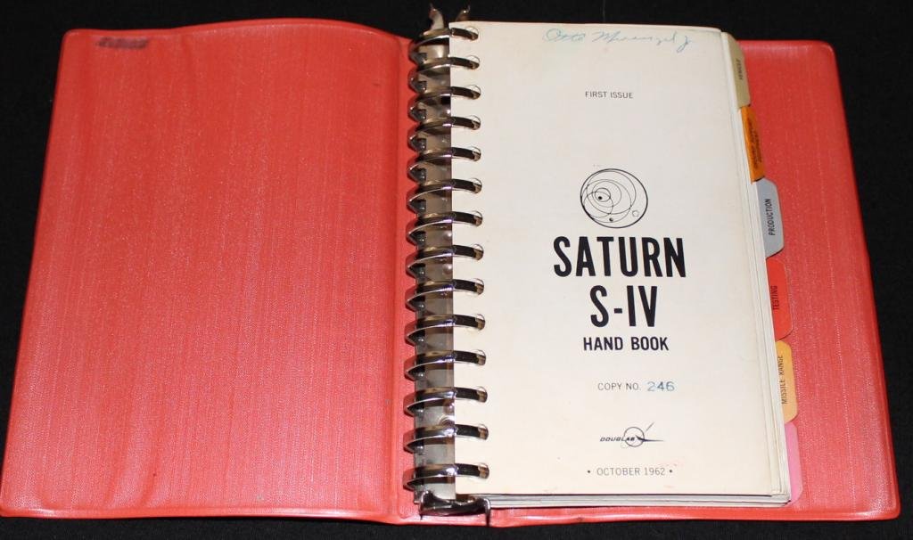 Saturn S-IV Stage Hand Book, Douglas: A vintage and rare 5"x 7" Saturn S-IV Stage Hand Book from Douglas dated October 1962, Copy 246, with 163 pages in 6 tabbed sections contained in a vinyl notebook. Sections include Vehicle, Production