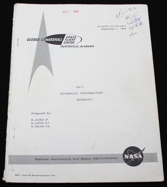 Saturn SA-7 Technical Information Summary Booklet: An early SA-7 Technical Information Summary booklet from Marshall dated Sept 1, 1964 with 52 pages of illustrations and information about the unmanned Saturn test launch. Used at the time, but still f