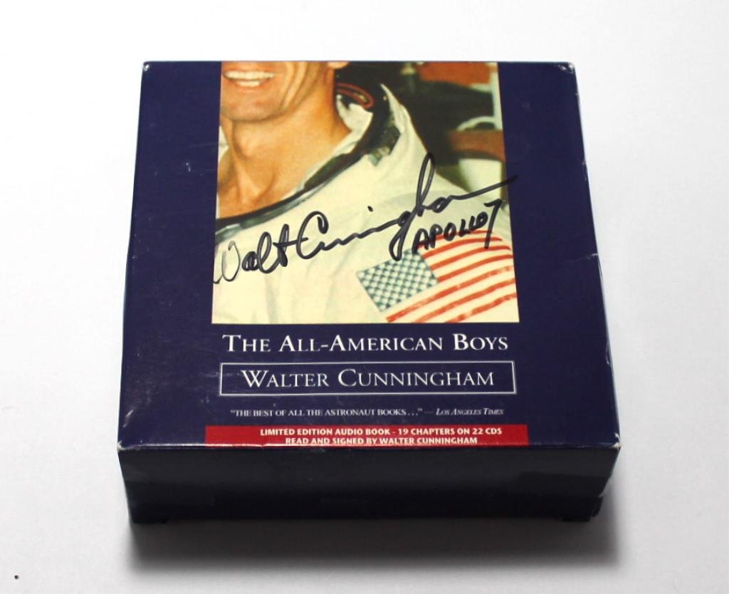 Walt Cunningham Signed All-American Boys Audio Book: A boxed set of 22 CD's featuring Apollo 7 astronaut Walt Cunningham reading his book "The All-American Boys'. Signed on the box cover by Cunningham.