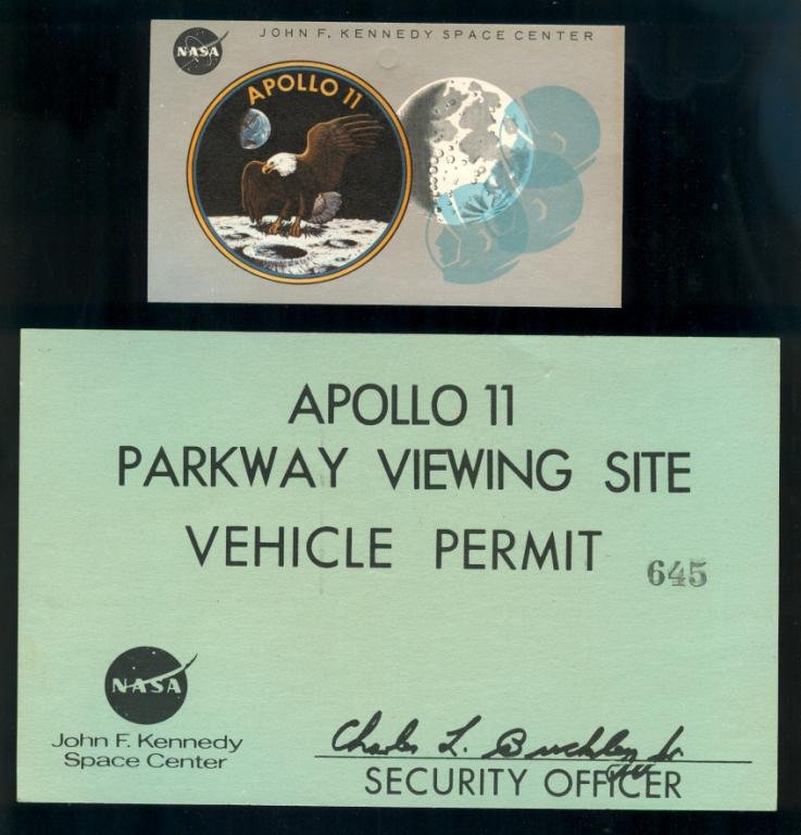 Apollo 11 VIP Access Badge & Vehicle Pass: An original 5"x 8" Apollo 11 Vehicle Permit for the launch, as well as a VIP access badge. Both in excellent condition.