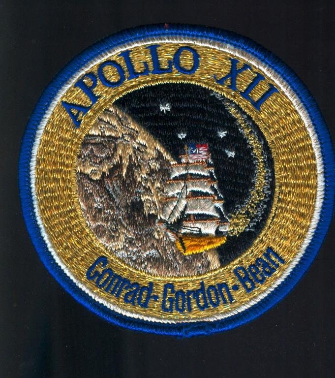 Apollo 12 Variant 2 Crew Patch: A vintage 4" diameter Apollo 12 crew patch identified at crewpatches.com as a Variant 2. Bare cloth backing and in great condition. Uncommon.