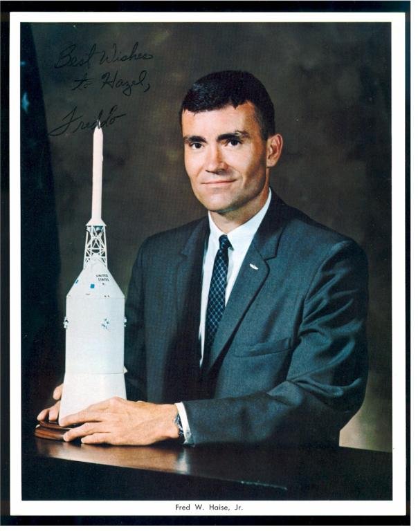 Three Signed Lithos - Haise, Gordon, Bean: Three vintage 8"x 10" NASA color lithos one each signed by Fred Haise ("Freddo"), Alan Bean and Dick Gordon, and and all three inscribed to a co-worker in the Crew Training Building at KSC. All three 
