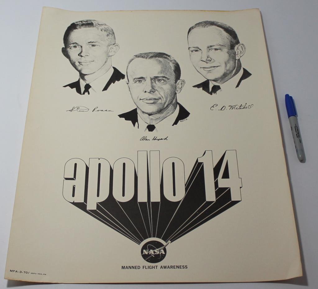 Apollo 14 Manned Flight Awareness Poster: A vintage 17"x 22" Apollo 14 Manned Flight Awareness poster from Marshall. Brighter than my photo indicates. A small section of edge discoloration at the top right, but otherwise great shape.