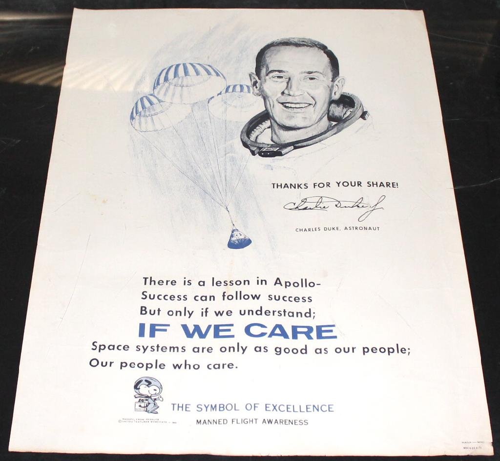 Apollo 16 Charlie Duke MFA Poster: A vintage 17"x 22" Apollo 16 Charlie Duke Manned Flight Awareness poster from NASA/MSC. It looks good under a sheet of plexiglass for the photo, but it is quite dinged up all over with edge and corner