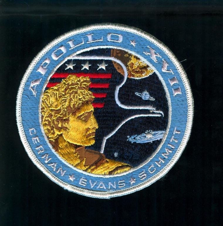 Harrison Schmitt Initialed Personal Mission Patch: A 4.5" diameter Apollo 17 crew patch bearing the initials "HS" for Harrison Schmitt. Excellent condition with a bare cloth backing.