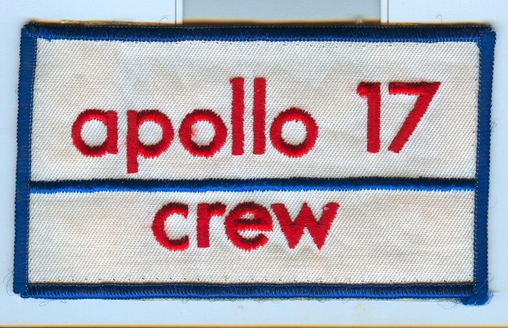 Rare Apollo 17 Crew Patch: A rare 2.75"x 4.75" Apollo 17 Crew breast patch of the type worn by the crew and a few others before the Apollo 17 mission. It looks to have been previously attached to a smock or jumpsuit at the time