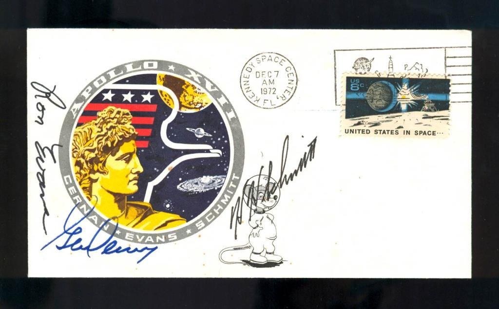 Apollo 17 Crew-Signed Launch Cover: An Apollo 17 launch cover signed by Cernan, Evans and Schmitt. Some small spots look to be near the lower edge of the cover. Otherwise great condition.