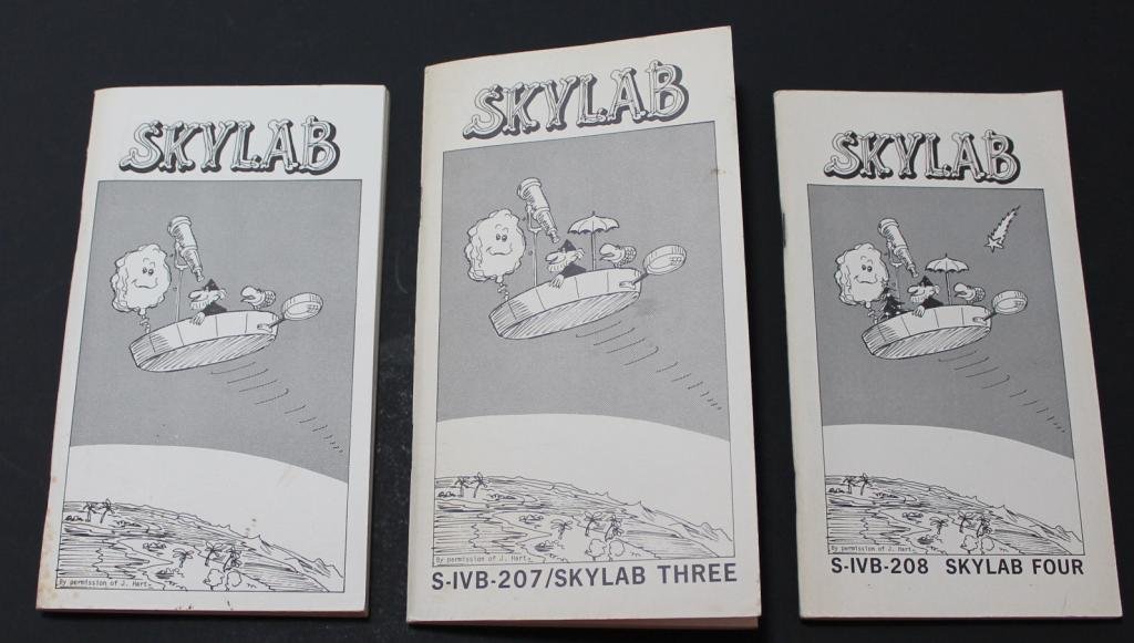 Set of Three Skylab McDonnell Information Booklets: Three vintage 4"x 7" Skylab Information booklets from McDonnell Douglas, one each for Skylab 1&2, Skylab 3 and Skylab 4. Each with 50-80 pages of illustrations and information about the missions. Some