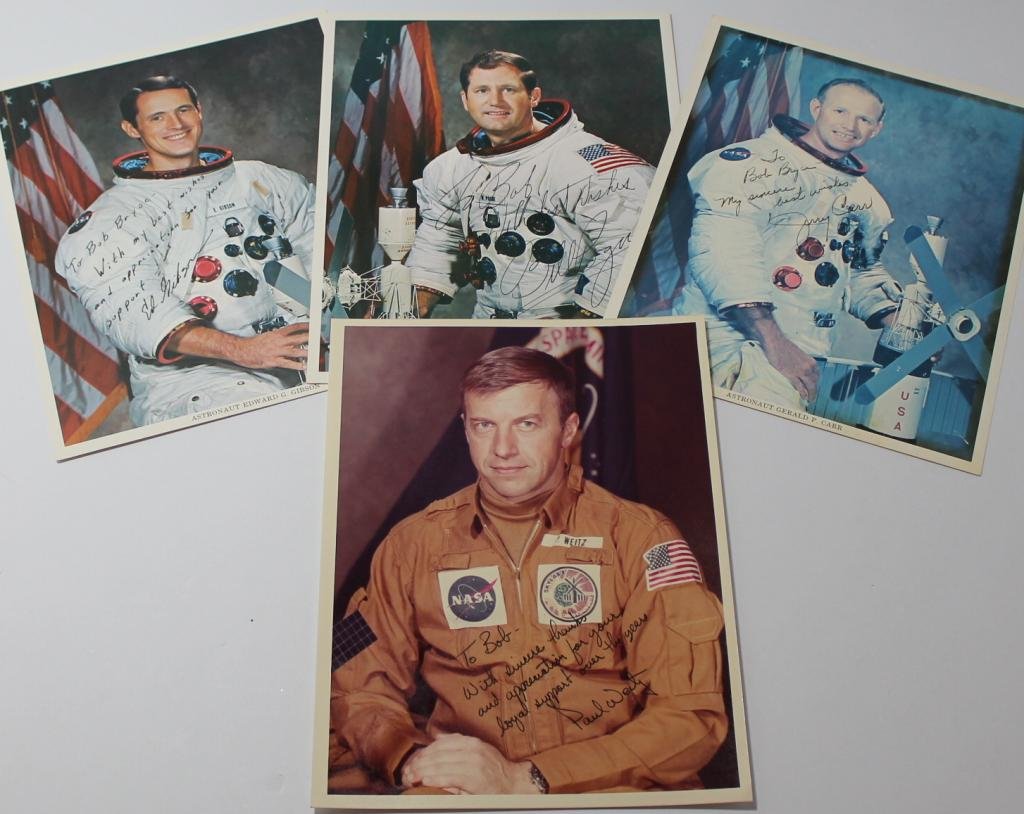 Four Skylab Astronaut Signed Photos: Four 8"x 10" NASA photos signed by Skylab astronauts. Includes Weitz (7.5"x 10"), Gibson, Carr (faded) and Pogue. Great shape.