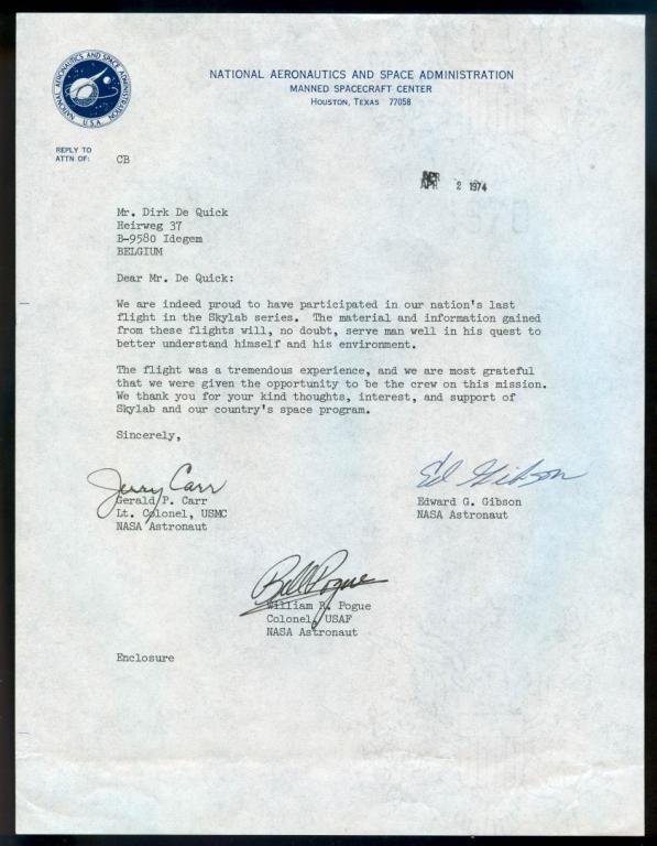 Skylab 4 Crew-Signed Letter: An 8"x 10.5" letter on NASA letterhead date stamped April 2, 1974 and signed at the bottom by Carr, Gibson and Pogue. Not folded and in excellent condition.