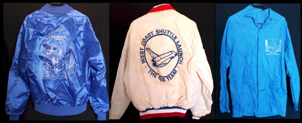 Three Space-Related Jackets: Three space-related jackets including a shuttle-era Bionetics Photo windbreaker (size L, excellent shape), a Wapokoneta windbreaker and a West Coast Shuttle Launch The GSS Team jacket (size XL). The l