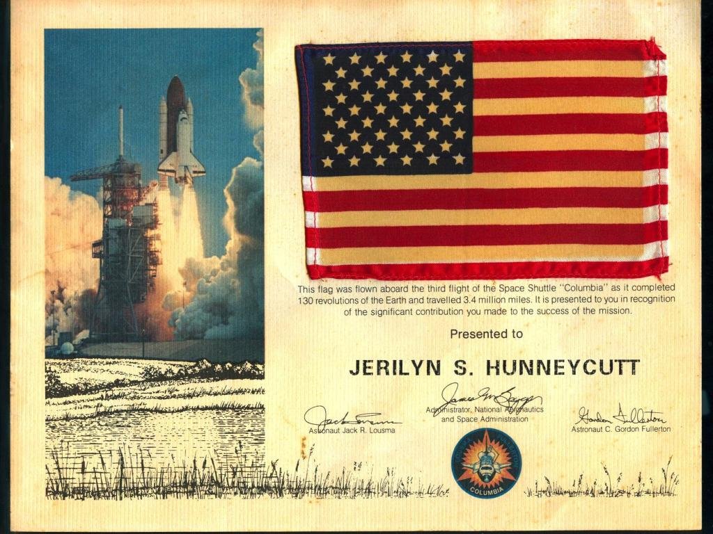 STS-3 Flown Flag: A 4"x 6" US flag flown into space aboard Columbia on STS-3 in March 1982, and it is attached to an 8.5"x 11" certificate. The certificate has some light age spotting and toning all around, but the edg