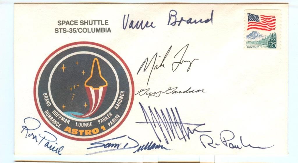STS-35 Crew-Signed Cover: An STS-35 cover signed by the entire crew. Not postmarked, but in great shape.