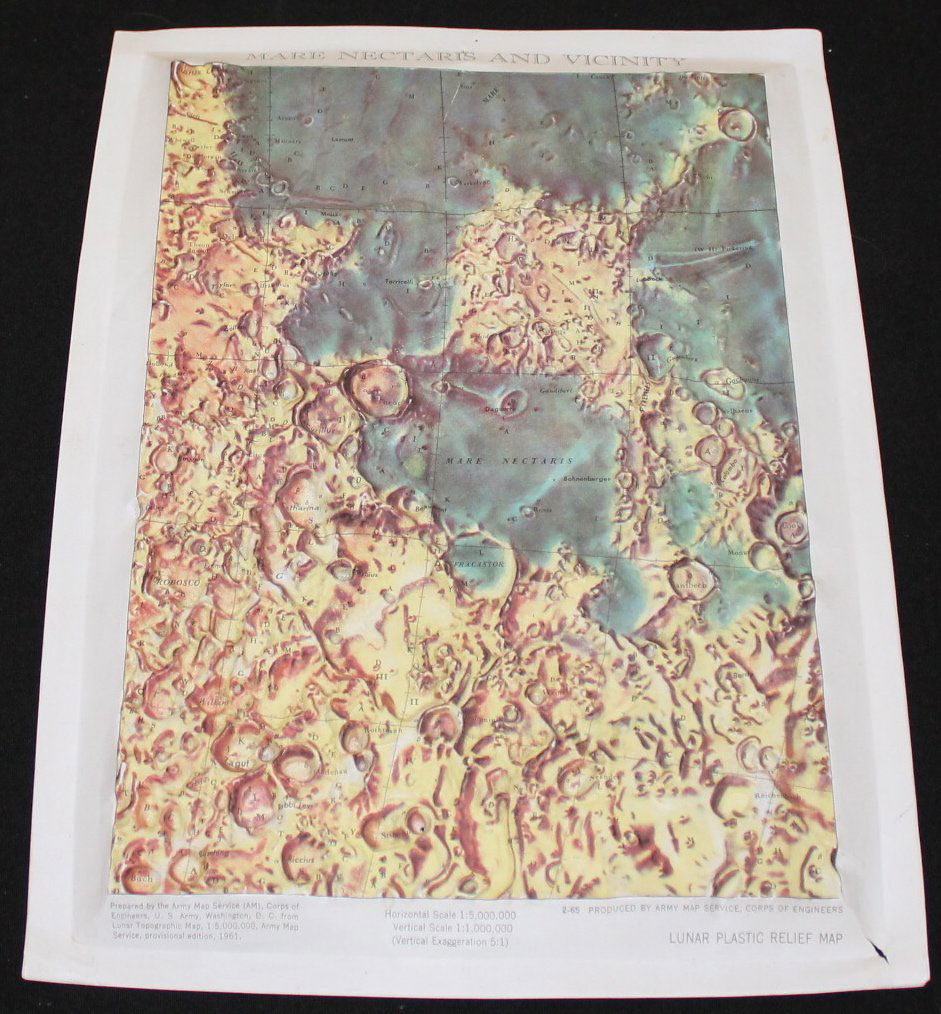 Apollo Lunar Plastic Relief Map: A rare 10.5"x 14" Lunar Plastic relief Map from the Army Map Service last dated 2-65 showing high detail topography of the lunar surface in the vicinity of the Apollo 11 landing site in the Sea of Tra