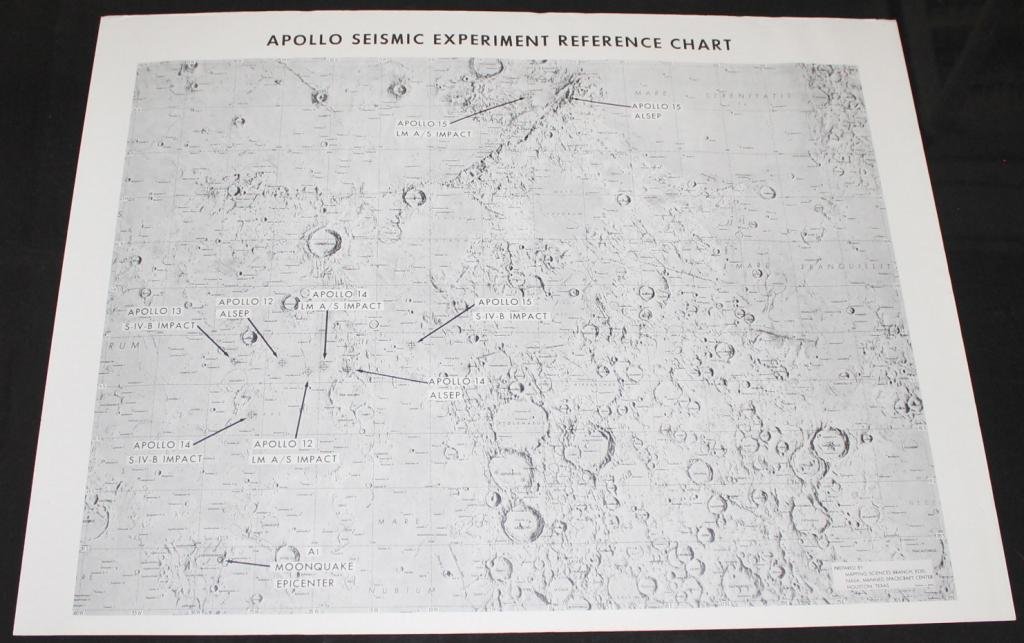 Apollo Seismic Experiment Reference Chart: A vintage 17"x 22" Apollo Seismic Experiment Reference Chart showing ALSEP setups and LM and S-IVB impacts up to the Apollo 15 mission. These impacts were used to calibrate the instruments. Some minor