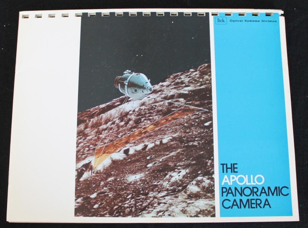 The Apollo Panoramic Camera Booklet: A vintage Apollo 17 Apollo Panoramic Camera publication from Itek with a color foldout, a couple photos and about 20 pages of Press Information materials. The original spiral binder was removed, but c