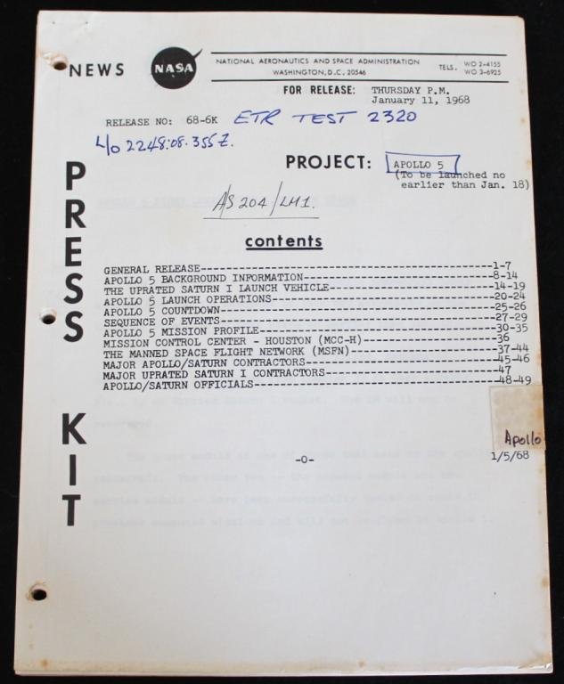 Apollo 5 Press Kit: An original Apollo 5 Press Kit from NASA dated Jan 11, 1968 with 49 pages of illustrations and information. The staple was removed and bears annotations on the front cover as well as the remains of a 