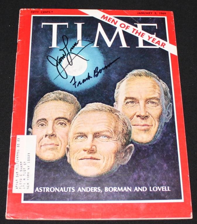 Apollo 8 Crewmen Signed Time Magazine, 2 of 3: A full period copy of a Time magazine signed on the front cover by Borman and Lovell. Some wear on the magazine from being read, but overall still fine condition.