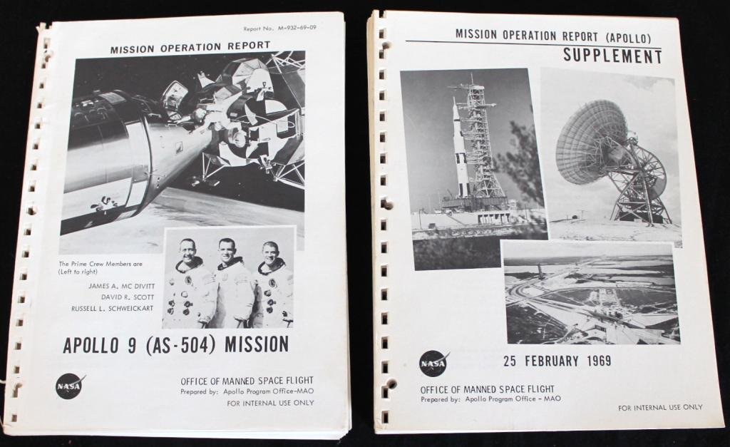 Apollo 9 Mission Operation Report and Supplement: An Apollo 9 Mission Operation Report with 70 pages and its MOR Supplement report with 97 pages and both from MSC for internal use only. Each with photos, illustrations, foldouts and information. Punch