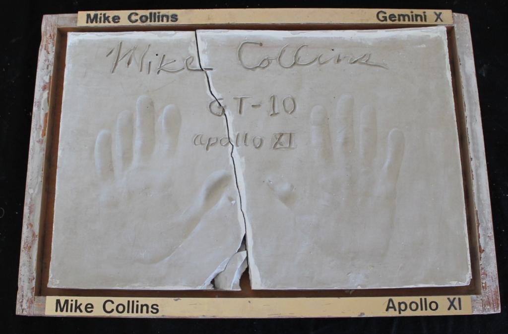Michael Collins Clay Hand Mold For Bronze Display: A 13.5"x 19.5" flat wooden tray containing the original clay mold of Michael Collins' hand prints that was used to fashion the bronze that is now displayed at the Space Walk of Fame's Apollo Monument